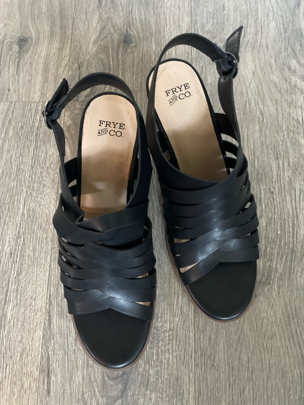FRYE AND CO. Black Leather Strappy Wedge Sandals